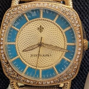 Judith Ripka Gold Tone Turquoise Enamel and Crystal Crown Watch